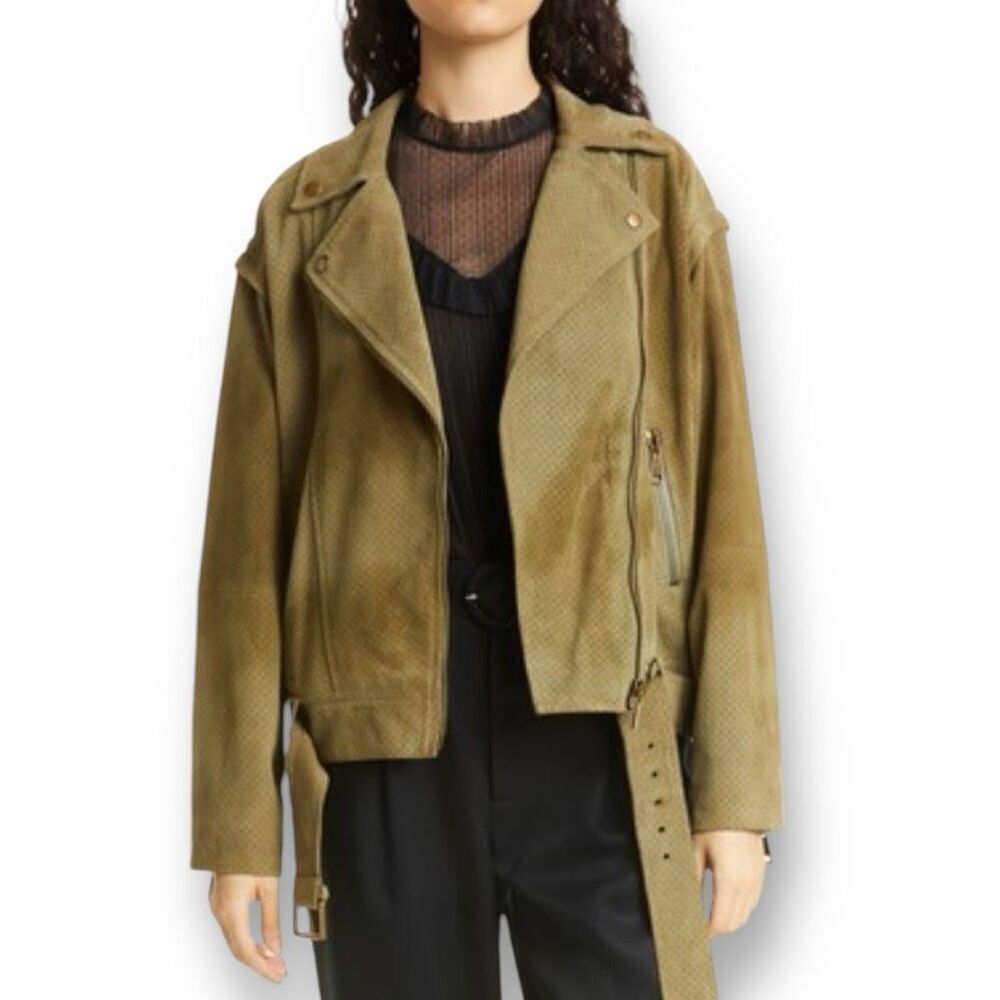 Ted Baker Louiey Convertible Perforated Suede Leather Biker Moto Jacket Olive XL